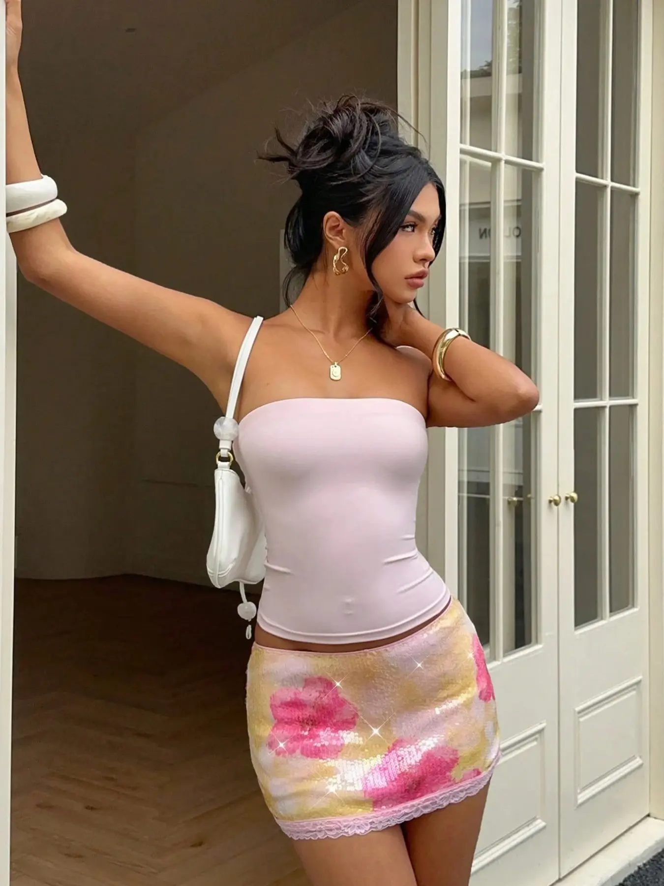 Women's Mini Skirt with Sequins, Floral Print, Lace Trim, High Waist Y2K Style, Party, Music Festival Fashion