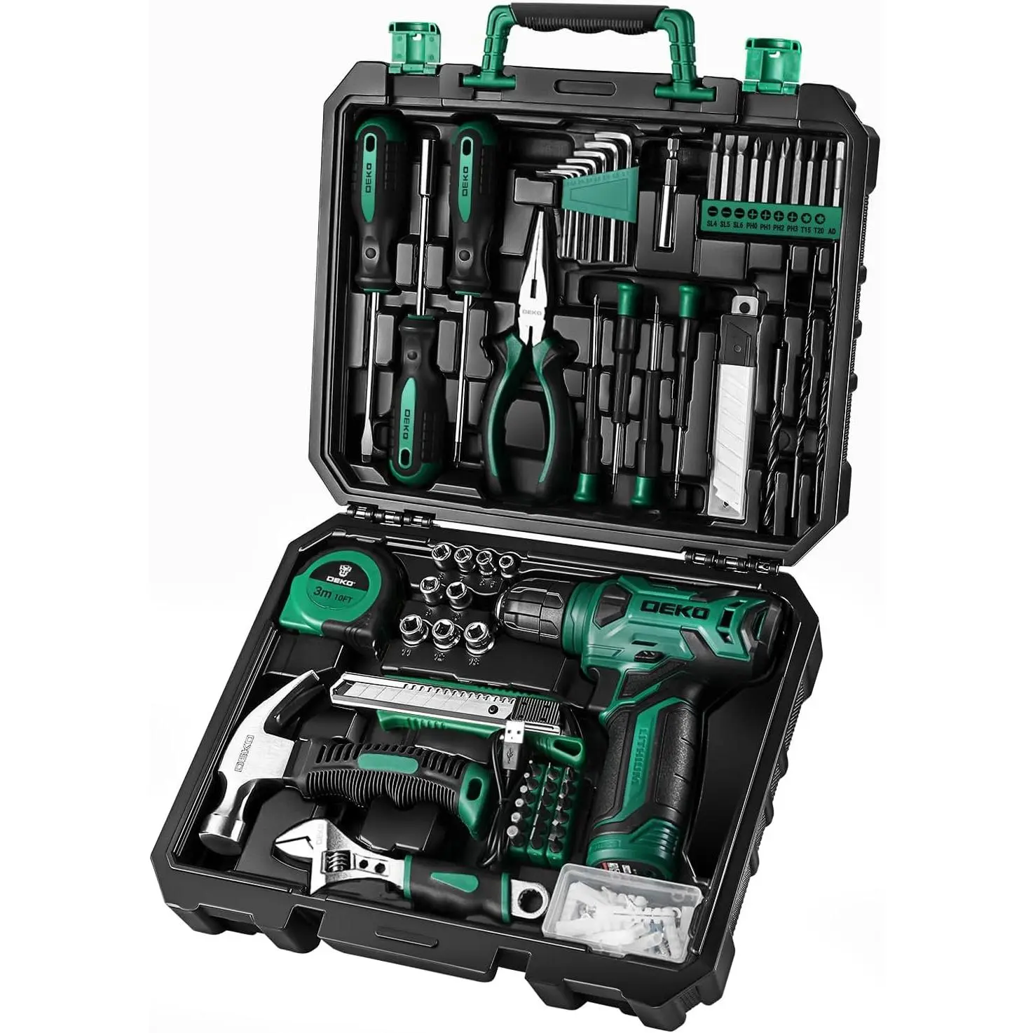 8V Drill Power Tool Set with Case, 126-Piece Home Hand Tool Kit for DIY Home Projects, 800RPM Max, Anti-Slip Grip, Green, 126 Pieces