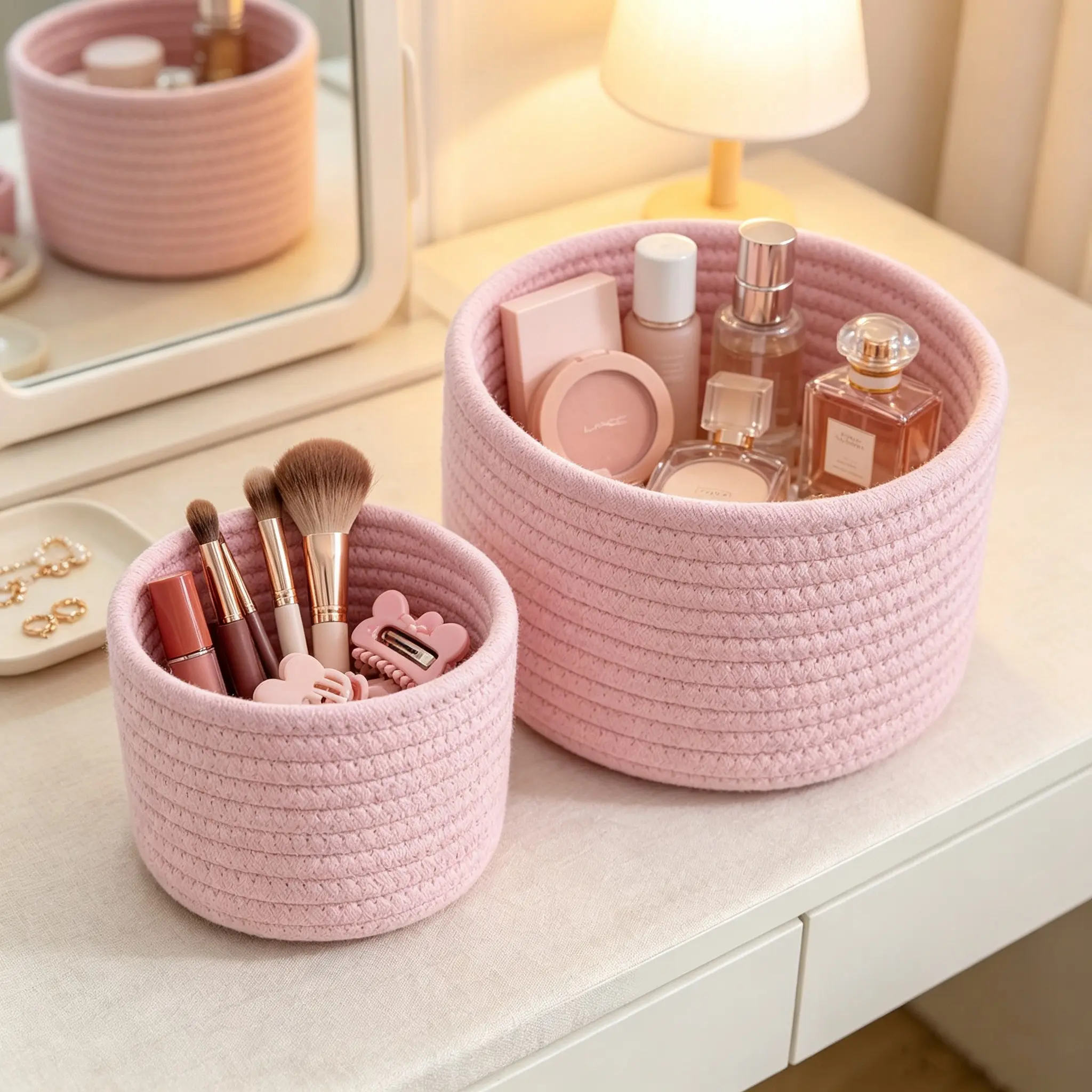 Classic Handwoven Storage Baskets Set of 2, Portable Multi-Purpose Organizer for Cosmetics, Stationery, Bathroom, Bedroom & Living Room