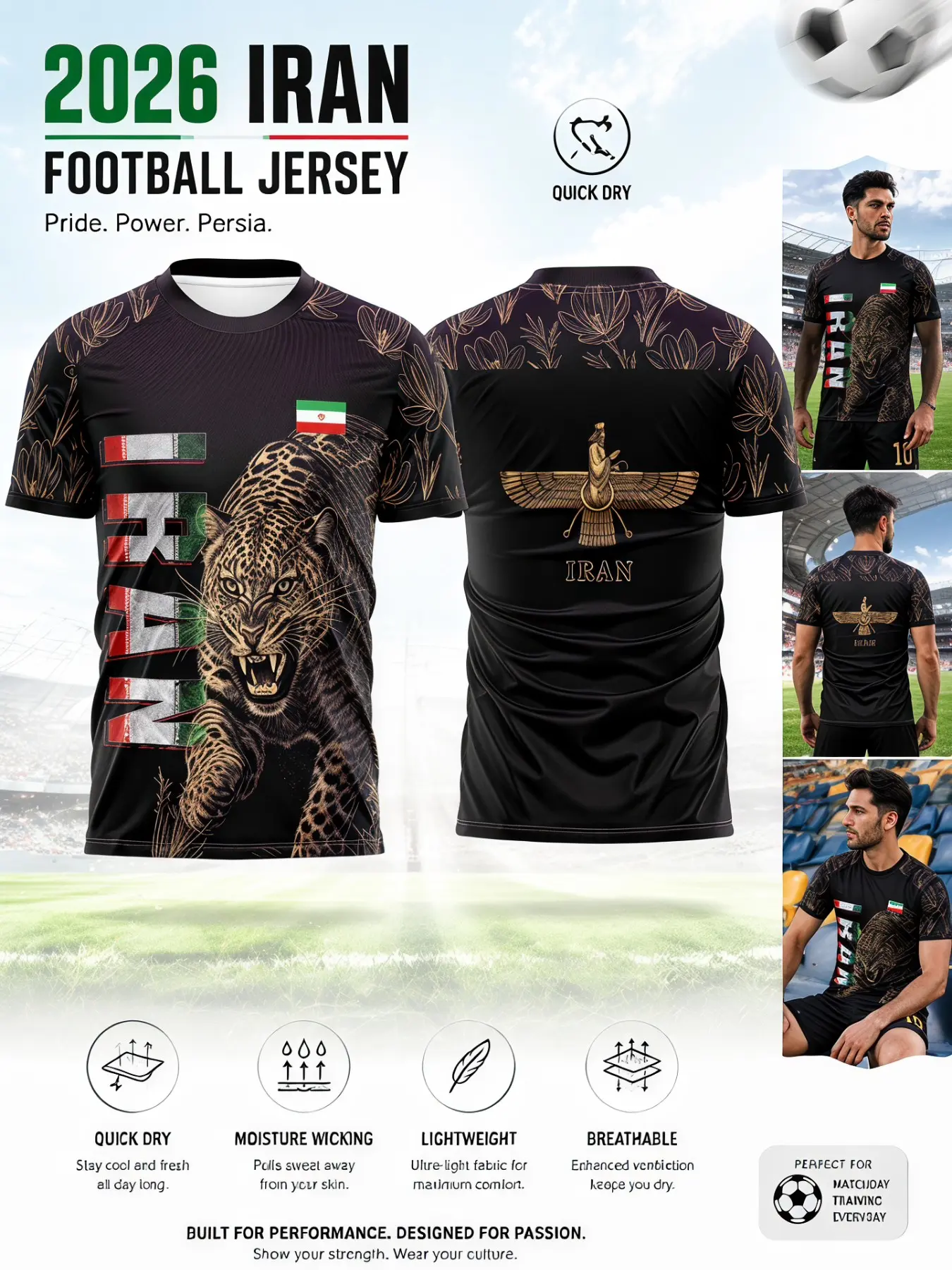 2026 Iran Soccer Jersey, Mesh Wah Bird Print, Quick-Dry Breathable Sportswear, Durable Training Tee for Fans