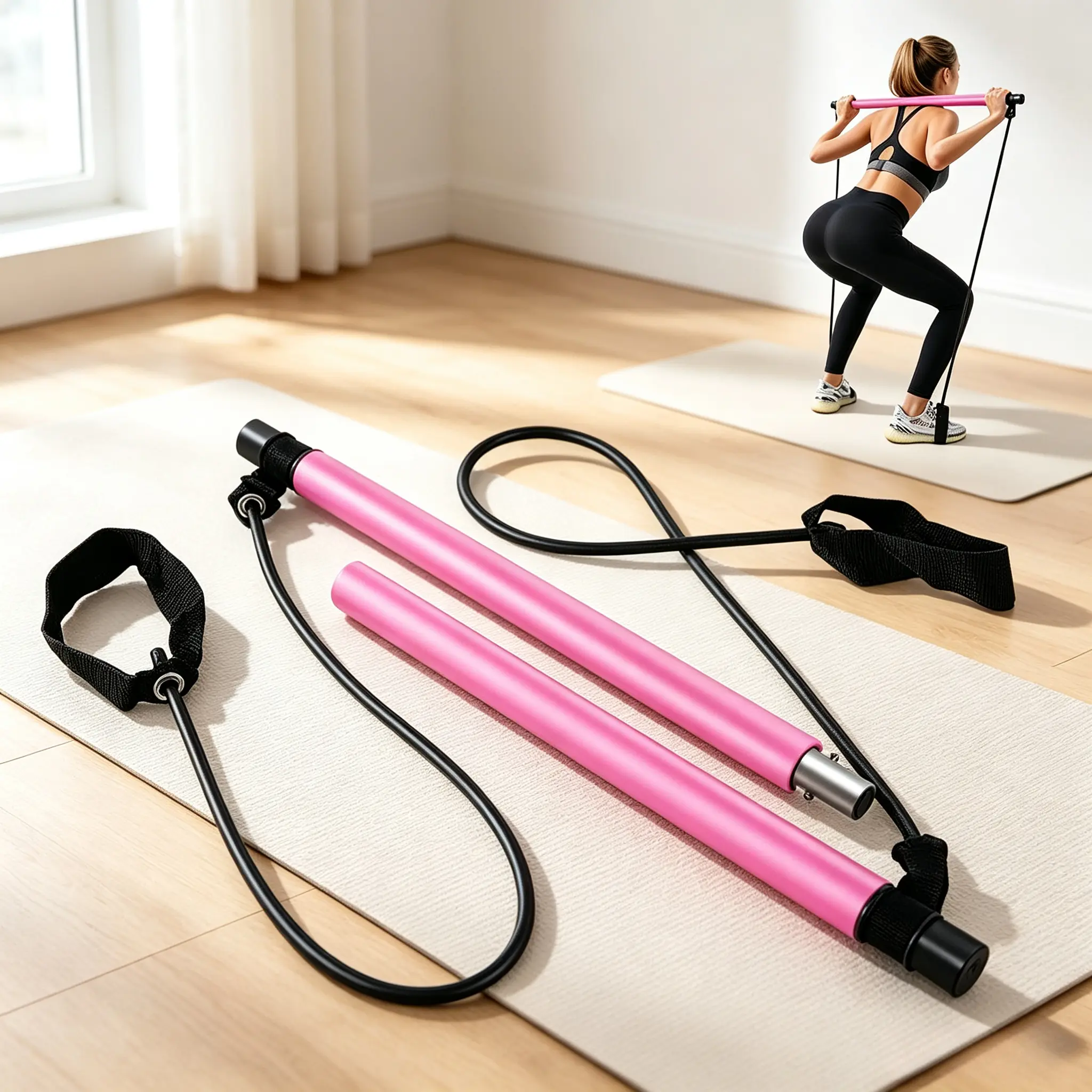 Multifunctional Home Workout Pilates Bar Set with Adjustable Elastic Exercise Bands, Portable Home Gym Gear for Arm Strength Training, Full‑Body Workouts and Yoga Fitness`