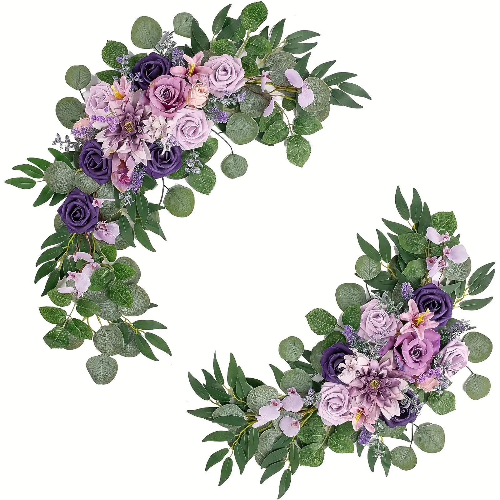 2 PCS elegant lilac purple artificial wedding arch floral decoration, featuring main flowers of purple dahlia, lavender, light purple, and white roses, paired with green vines, perfect for romantic wedding backgrounds and home decor