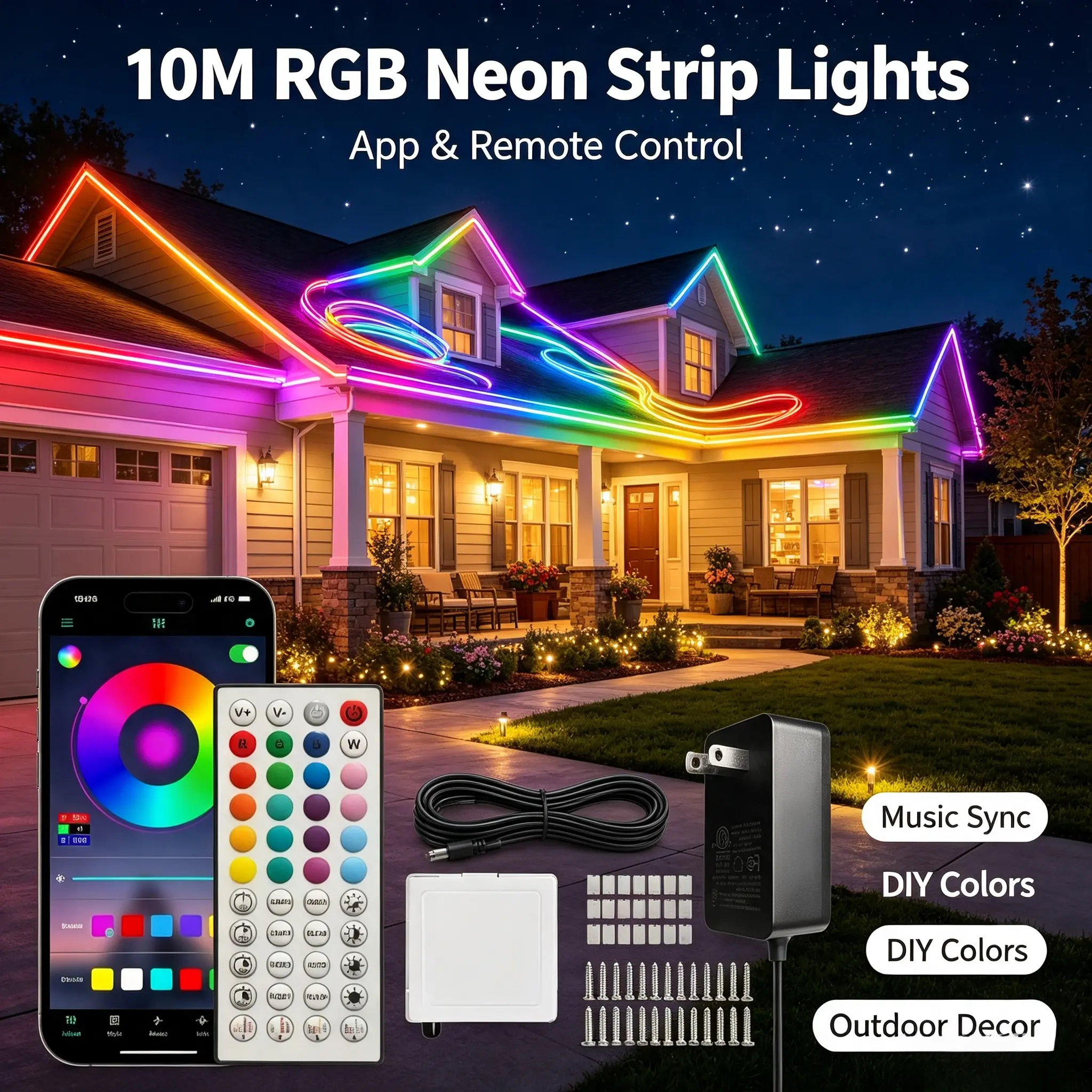 RGB Neon Rope Light, 32.8ft/10M Bluetooth App Control Music Sync Color-Changing LED Strip, IP65 Waterproof 44-Key Remote Control for Indoor Bedroom & Outdoor Party Decor, Artificial Christmas Garland House Roof Lighting