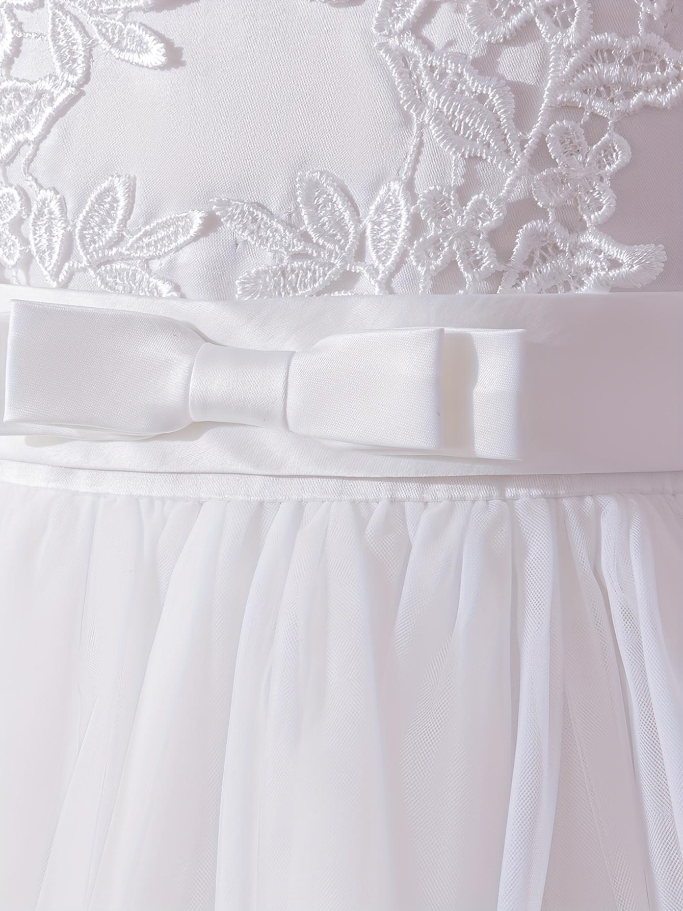 Girls Princess Dress Lace Mesh Flower Girl Wedding Stage Runway Sleeveless Midi Crew Neck Embroidered Tie Back Flared Hem All Season Non Stretch Formal Dresses