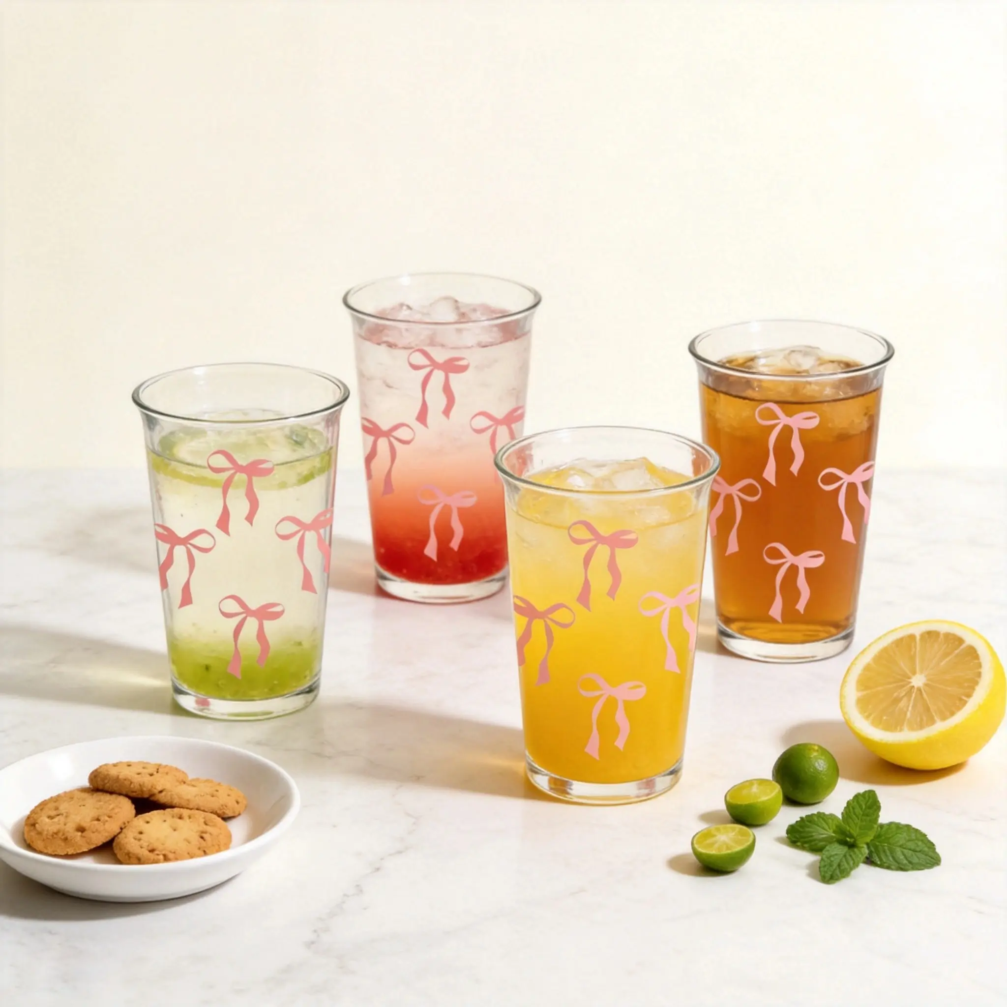 12 oz Bow Pattern Highball Glasses, 4pc Drinking Glass Set, Water Glasses, Mojito Glass Cups, Mixed Drink Cocktail Glass Set, Glass Tumblers Set, Drinkware Glass