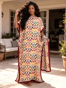 New Women's 2 Piece Cream Base Multicolor Link Geometric Print Kaftan Maxi Dress with Matching Scarf, Silky Loose Satin Robe, Plus Size Friendly, Beach Cover Up, Resort Vacation & Evening Party Wear