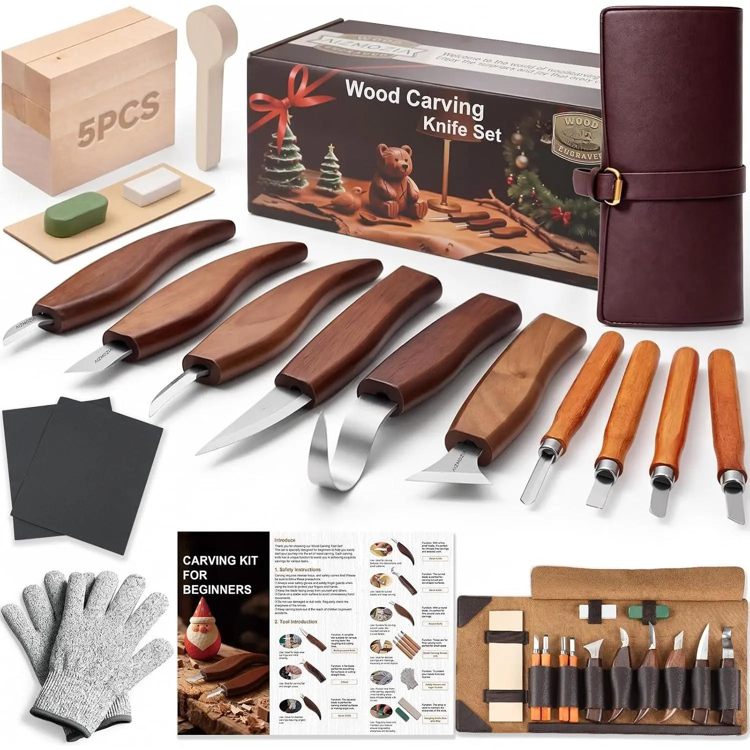 Carving Kit for Beginners – 25 count Whittling  Kit  Carving Tools with PU Leather Storage Bag, 10 Carving , 6 Templates & Basswood for DIY Crafts