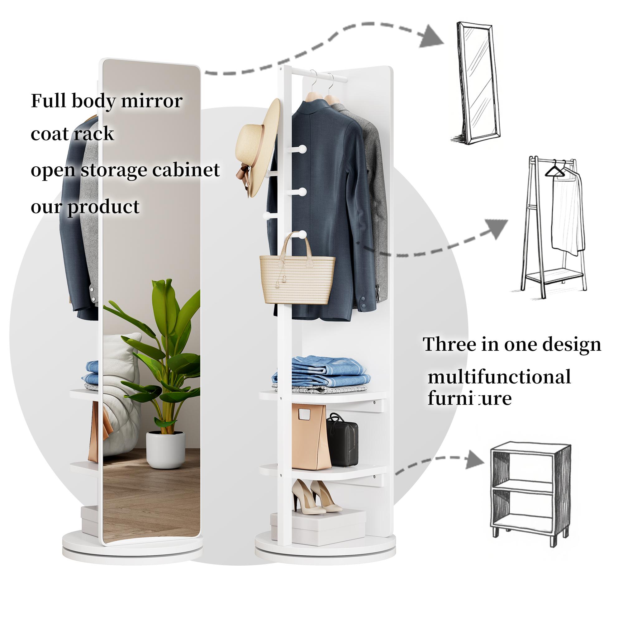 360° Rotating 66"x17.8" Multifunctional Full Length Mirror with Hook Storage Rack Coat Rack with Mirror Solid Wood Floor Mirror Bedroom Living Room Cloakroom Space Saving