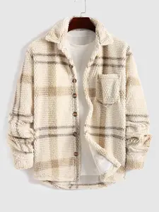 【Please Purchase A Size Up】men's Plaid Print Button Front Fleece Jacket, Casual Regular Fit Long Sleeve Pocket Outerwear for Fall & Winter, Men's Clothes for Daily Wear