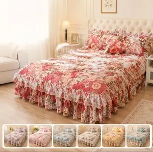 Floral Print Ruffled Edge Bed Skirt Set, 3-Count Soft Household Bedding Set Including 1 Bed Skirt and 2 Pillowcases without Filler, Comfy Decorative Bedding for Home Bedroom #GLOBAL PICKS
