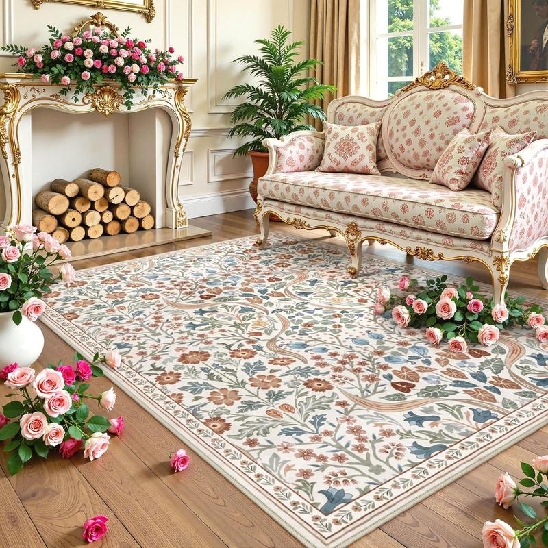 Moynesa Floral Washable Faux Cashmere Rugs, 8x10 Area Faux Cashmere Rug for Living Room, Soft Large Boho Bedroom Faux Cashmere Rugs, Flower Non Slip Ultra Thin Botanical Carpet for Dining Room Nursery Office, Beige
