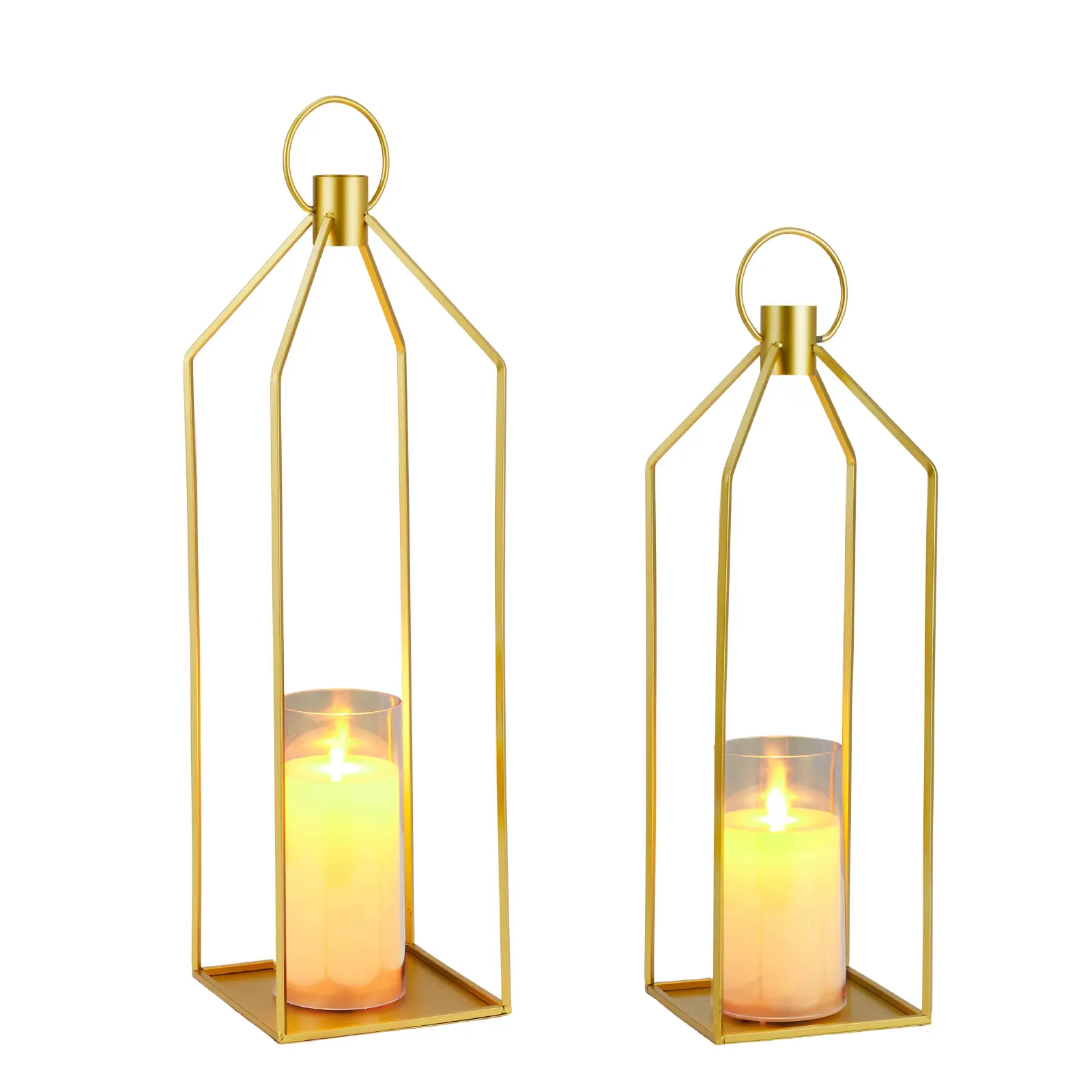 2 Pack Black Metal Candle Lanterns with Glass Hurricanes - Hanging Candle Holders with LED Flameless Candle