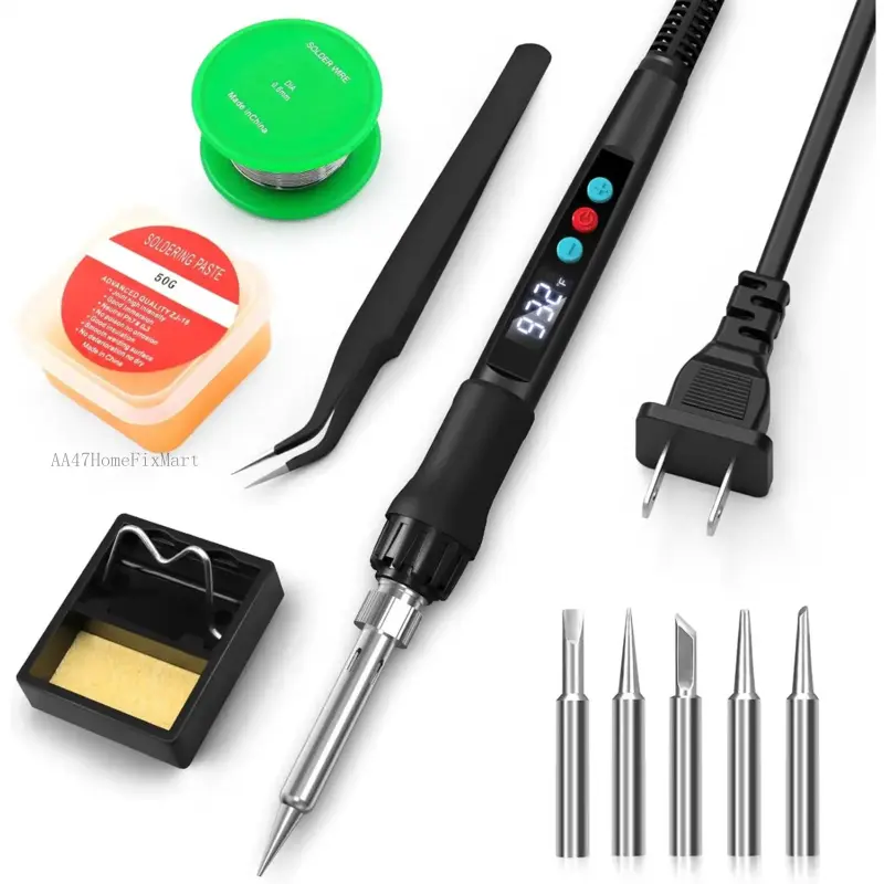 Iron Kit, 100W Soldering Gun with Display, Temperature 356-932 ℉     Solder Kit for Electronics, Includes Soldering Iron Tip, Solder Wire, Stand, Tweezers and Paste, BlackAA47HomeFixMart
