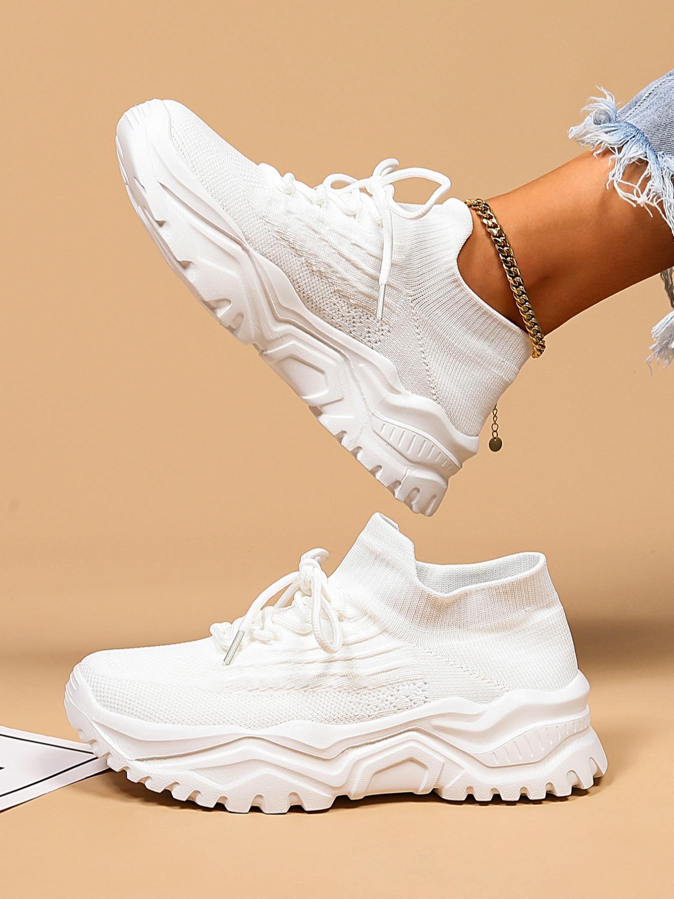 Women's Low Top Sports Running Shoes, Casual Outdoor Sports Walking Shoes, Knit Breathable Chunky Sneakers, Lace up Front Sneakers, Sporty Running Shoes