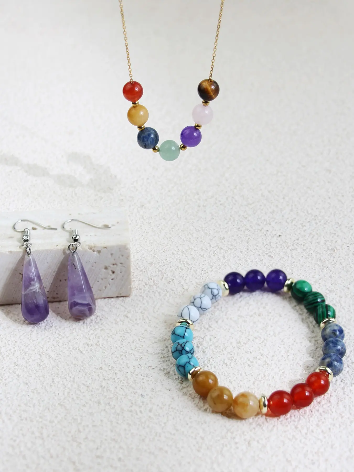 7 Chakra Natural Stone Necklace Bracelet Earrings Set, Boho Style Luxury Lucky Stones Jewelry, Party Wedding Holiday Gift