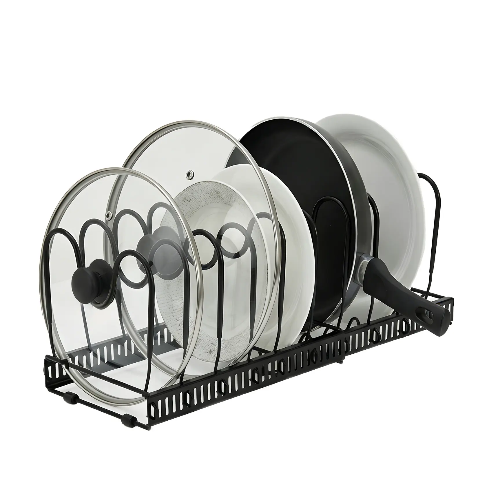 Expandable Pot and Pan Organizer Rack – Adjustable Metal Lid Holder with 10+ Compartments – Multi-Functional, Sturdy, Rust-Resistant, Space-Saving – Easy Install Storage for Kitchen Cabinets & Countertops