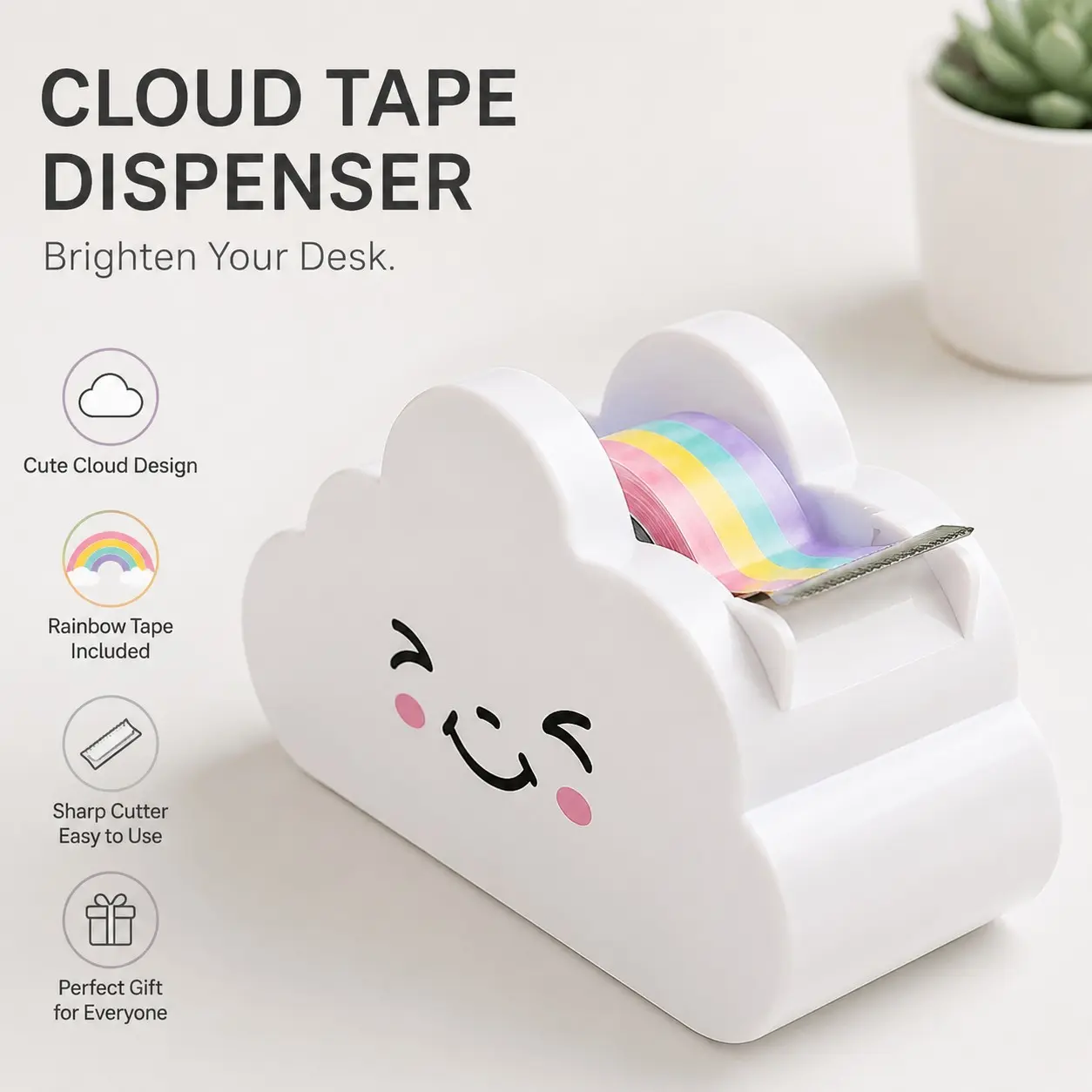 Cloud-Shaped Tape Dispenser, Desktop Tape Cutter with Rainbow Tape Roll, Office Supplies for Home Office and School Use
