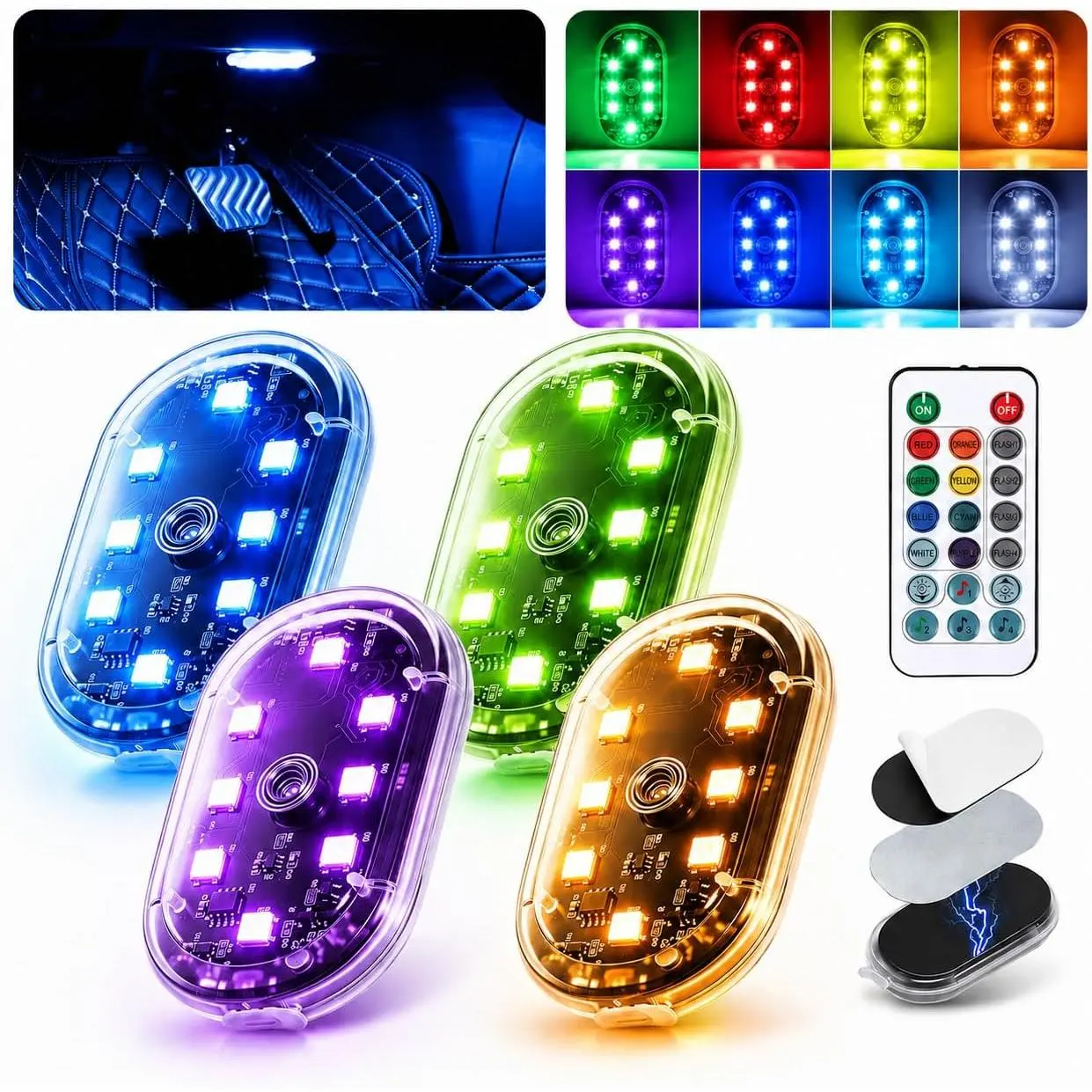 4Pcs Magnetic Strobe Light Kit for Car - 8-Color RGB Color Changing Wireless Ambient Lighting Pods, Remote & Touch Control, USB Rechargeable Portable Door Courtesy Lights for Footwell, Truck SUV