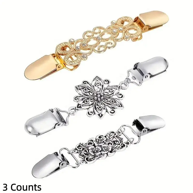 3 Pack Vintage Sweater Shawl Clips, Retro Sweater Cardigan Collar Clips, Shirts Dresses Brooch Clips, Alloy Brooch Pin for Women and Girls