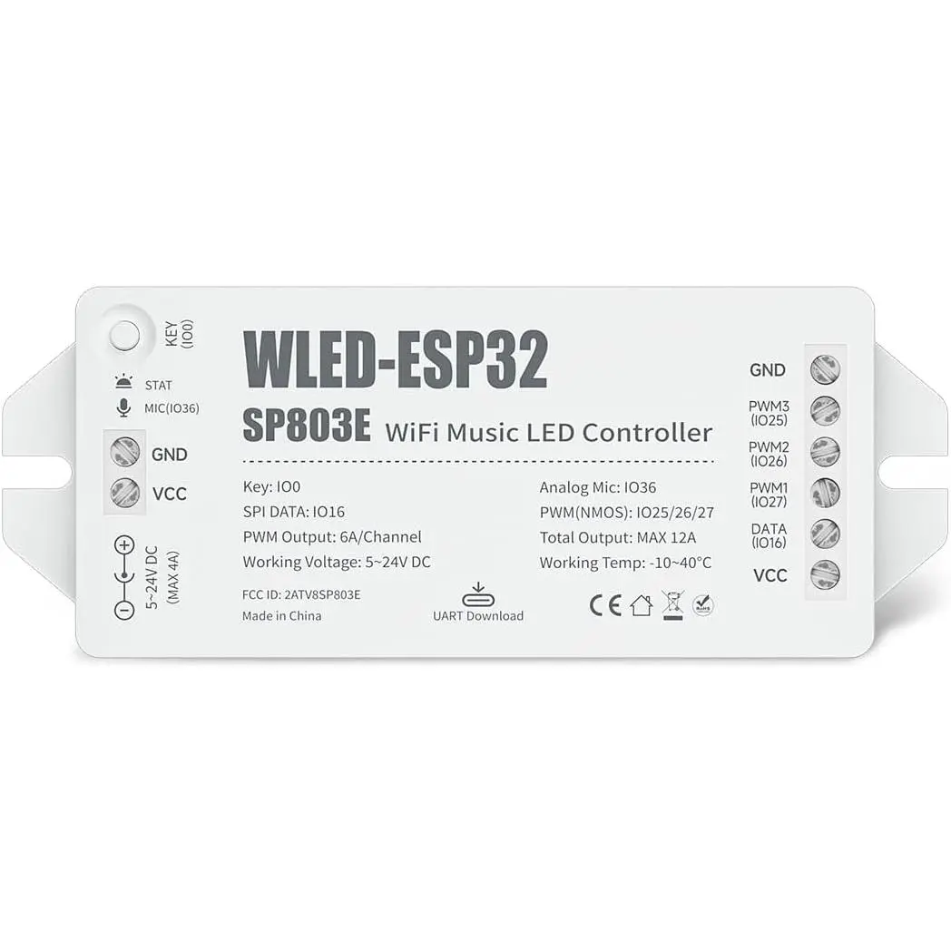 ESP32 WLED LED Strip Controller SP803E -in Mic DIY Dynamic Modes UART USB Type-C Download for WS2811,WS2812,SK6812,WS2814,WS2815 Addressable LED Strip/,PWM Dimming CCT RGB LED