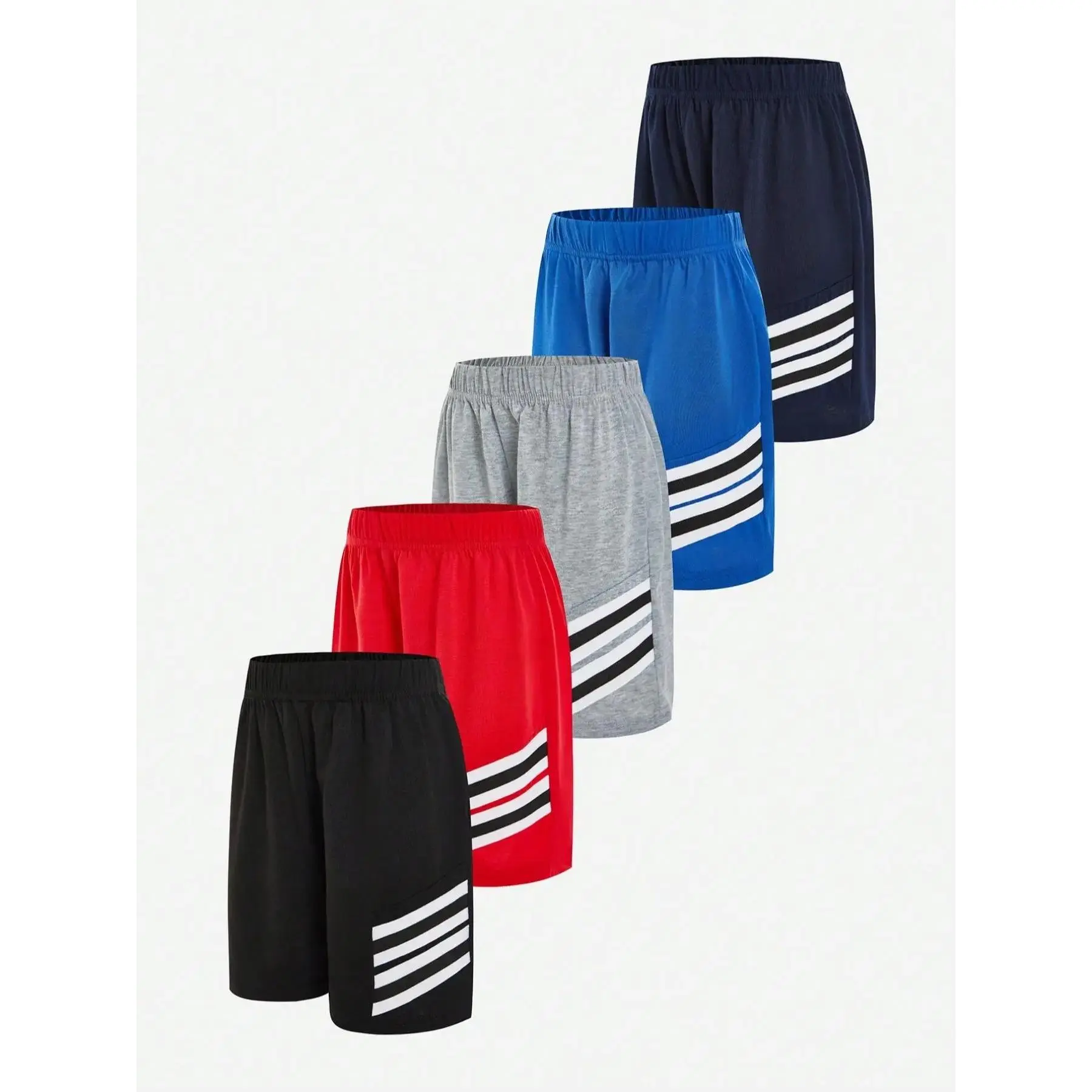 5-Piece Set Boys' Summer Gym Elastic Waistband Shorts, Striped Elastic Waist, Fitted Casual Wear, Ideal for Training, Ages 7-11, Student Gift-HAN