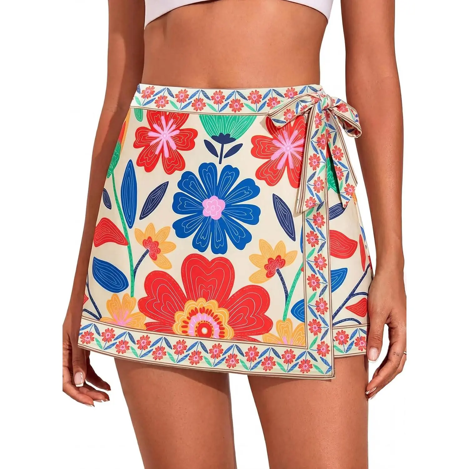 Women's Tie-Side Loose-Fit Floral Print Sarong Wrap Beach Skirt, 2026 Summer Multi-Size Swimsuit Cover-Up, Side Tie