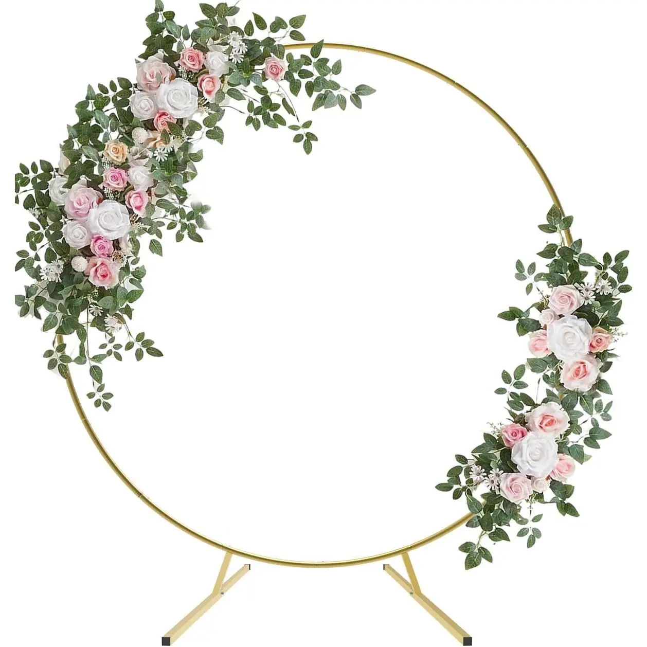 7.4FT Round Wedding Arch with Extended Base for Ceremony, Stable Circle Arch Backdrop Stand Metal Balloon Frame with Two Water Bags for Birthday Party Baby Shower Decoration, Gold