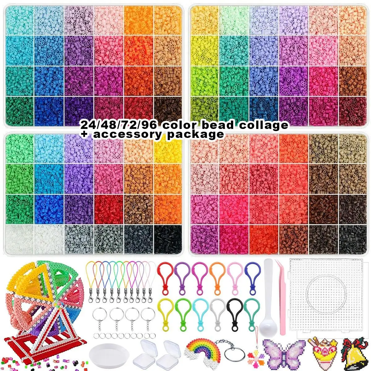 24/48/72/96 Color Fuse Beads Set, 2.6mm Multi-Color Fuse Beads Filling Bag, Kids DIY Craft Kit, Mixed Beads Kit, Beads for Crafts, Includes Lanyard, Keychain, Storage Box, Tweezers