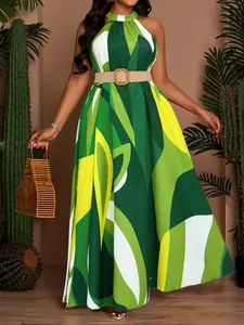 Plus Size Summer Casual Fashion Dress for Women, Casual Dresses, Printed Long Dress with Halter Neck and Bow, Sleeveless Fitted Dress for Vacation and Travel (Belt not included)