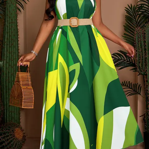 Multicolor Abstract Print Plus Size Women Maxi Dress, Halter Neck Sleeveless Fitted Waist, Casual for Travel and Daily Wear, Plus Size Dresses