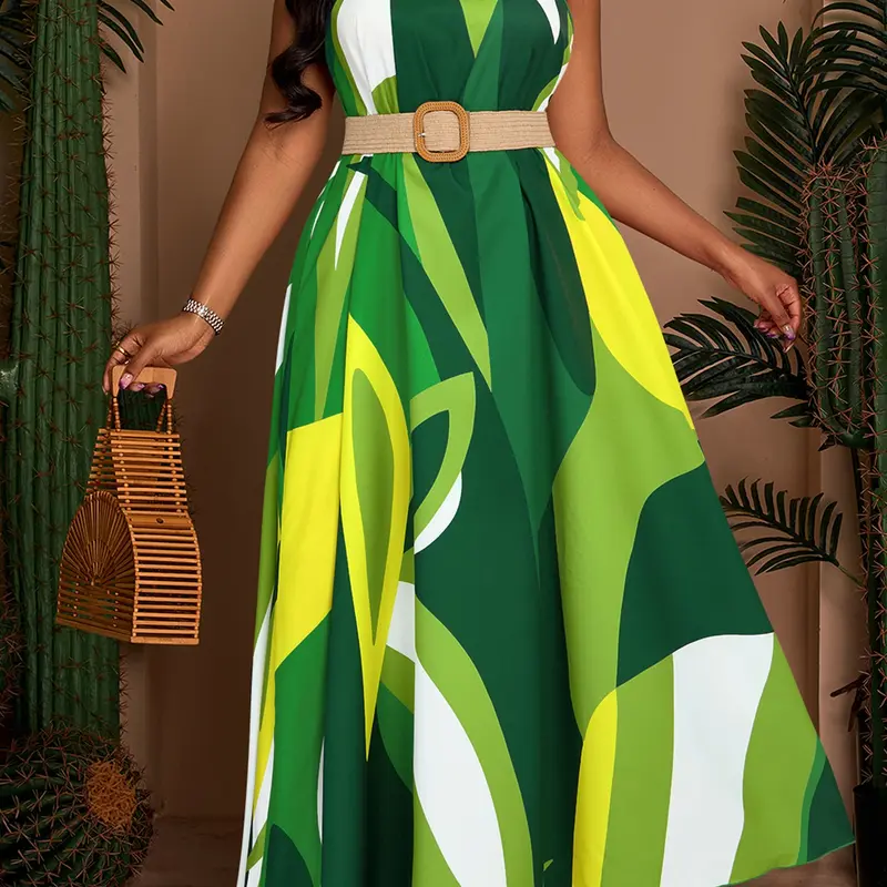 Multicolor Abstract Print Plus Size Women Maxi Dress, Halter Neck Sleeveless Fitted Waist, Casual for Travel and Daily Wear, Plus Size Dresses