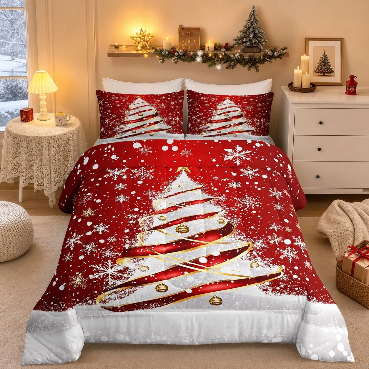 3pcs Christmas Bedding Set, Full Size Christmas Tree Bed Linen, Snowflake Quilt, Soft Polyester Fiber, Breathable, Includes Quilt and 2 Pillowcases