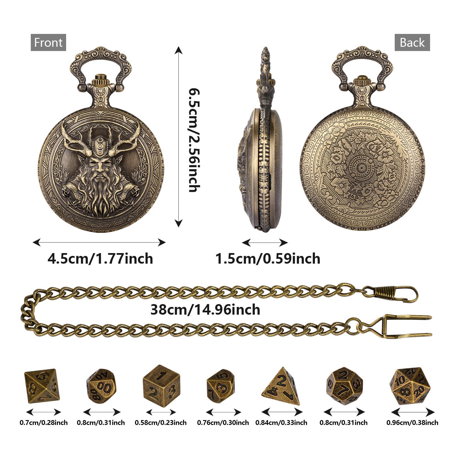 Druid Half Orc Design Pocket Watch Gift Box Set, 1 Set Vintage Pocket Watch with 1 Count Chain & 7 Counts Dice, Role Playing Game Dice Props