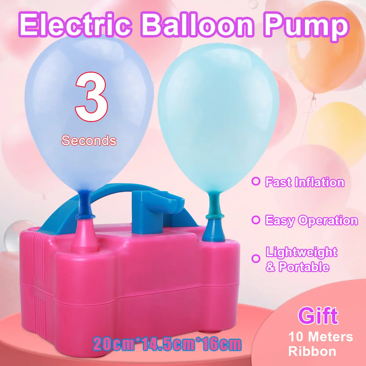 Electric Balloon Pump, Portable Balloon Inflator/Blower Machine with Balloon Tying Tool & Dual Nozzles