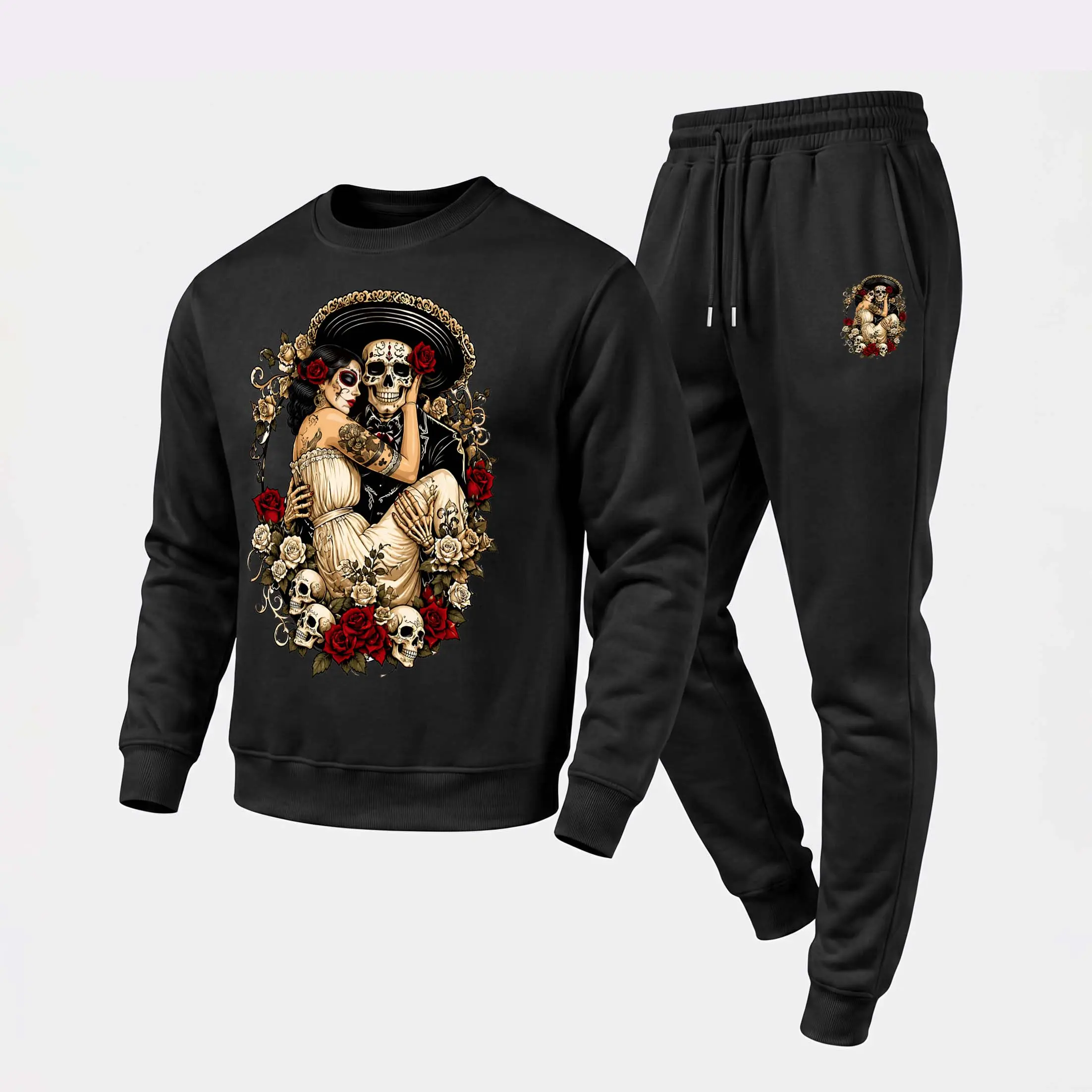 Men's Dia de los Muertos Graphic Crewneck Sweatshirt and Jogger Pants Set, Casual Long Sleeve Pullover with Drawstring Sweatpants, Fall Winter Tracksuit for Daily Wear, Travel, Lounge, Workout and Indoor Outdoor Activities