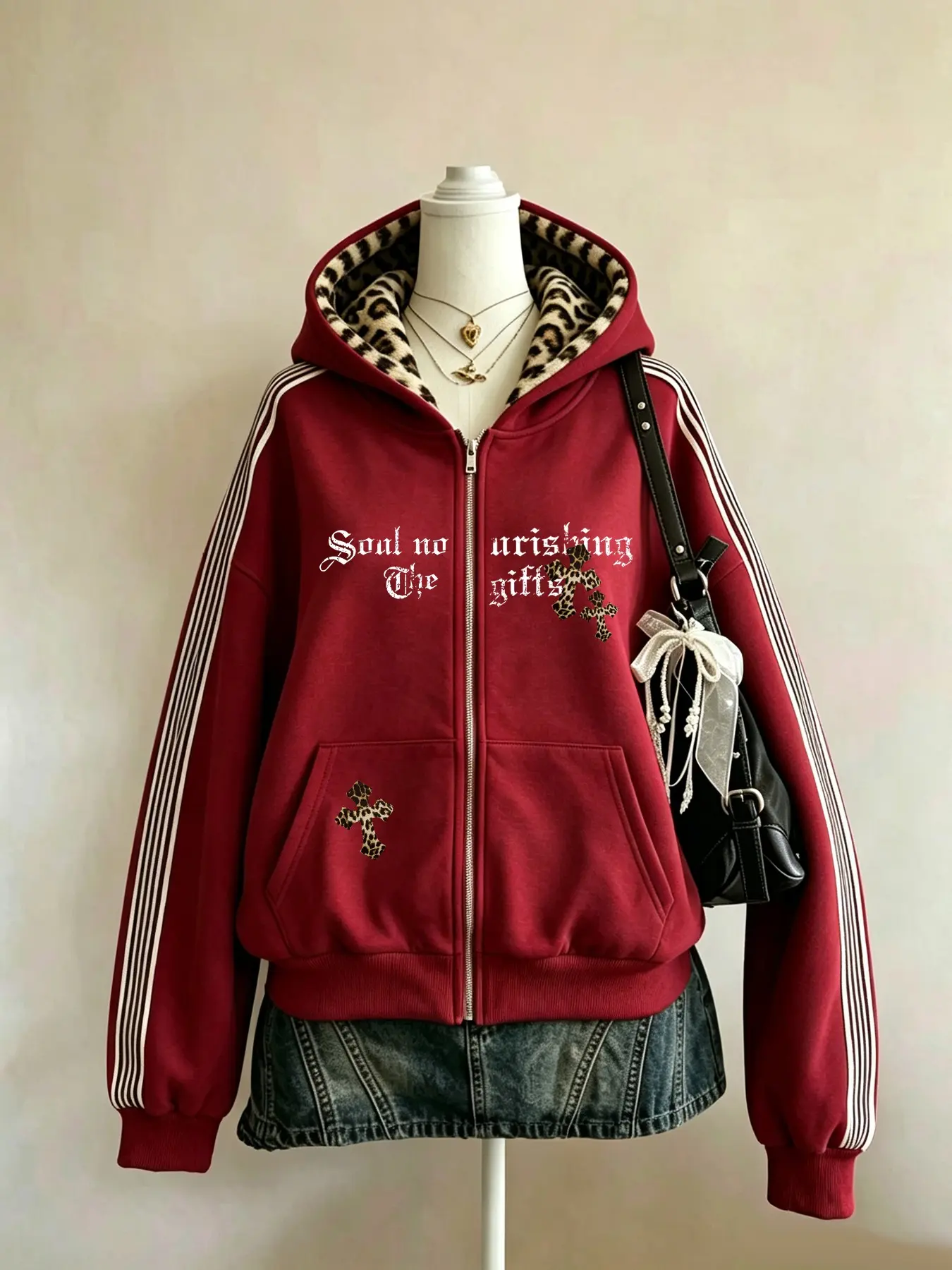European Style Leopard Print Gothic Punk Zipper Open Front Long Sleeve Jacket, Unisex Winter Outerwear, Trendy Youth Fashion
