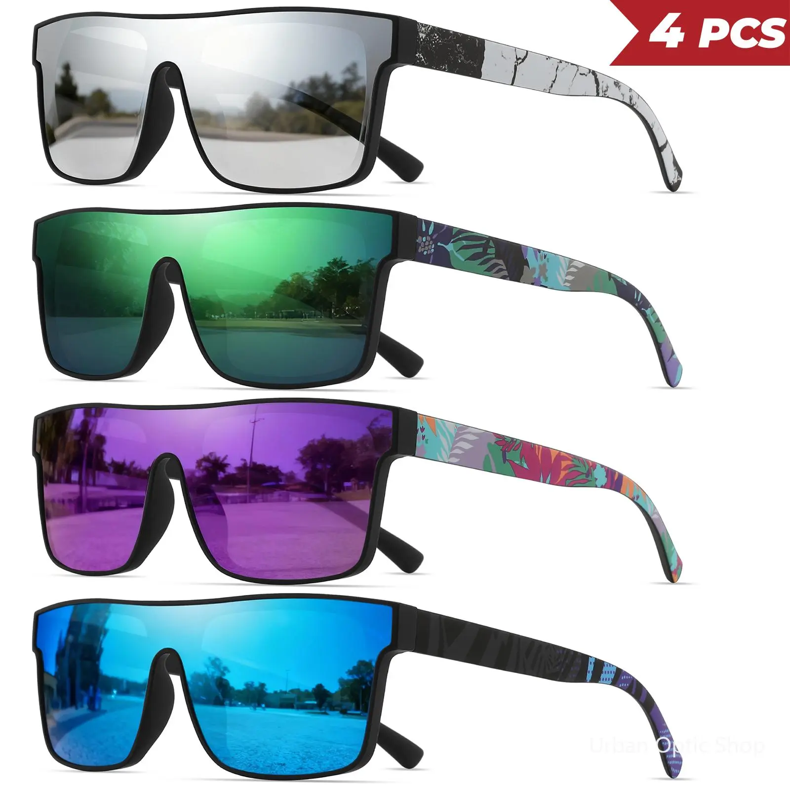 XUH Women's 4-Pack Square Laser Mirror Reflective Sunglasses - Temple Print, Multi-Color Polycarbonate Lenses, UV400 Sun Protection Women's Sunglasses, Nylon Frame, 1 Size, Eyewear Fashion, Ideal for Outdoor Sports, Gift Option, One Size, Laser Mirror Ref