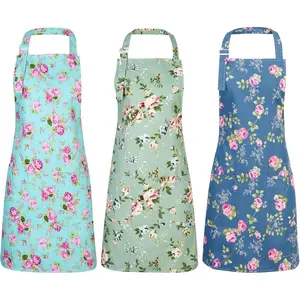 3 Pack Floral Aprons for Women, Adjustable Kitchen Aprons with 2 Pockets Vintage Cute Rose Floral Apron Chef Bakers Apron for Cooking Baking Gardening Apron Gift for Mom Wife Sister Grandma