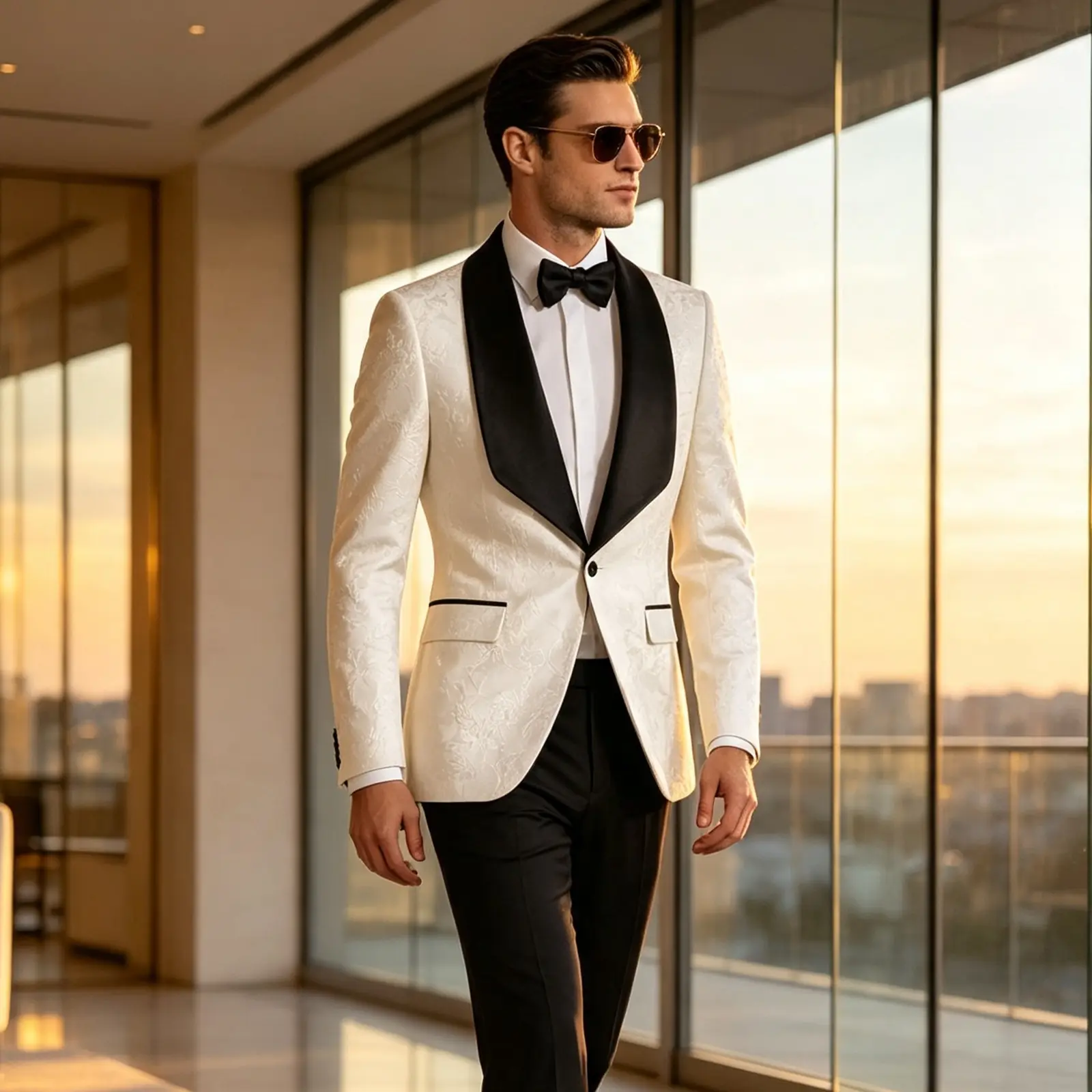 Luxury Jacquard Mens 2PCS Tuxedo Set Floral Pattern Suit Jacket Pants with Complimentary Bow Tie for Groom Evening Party School Opening Season