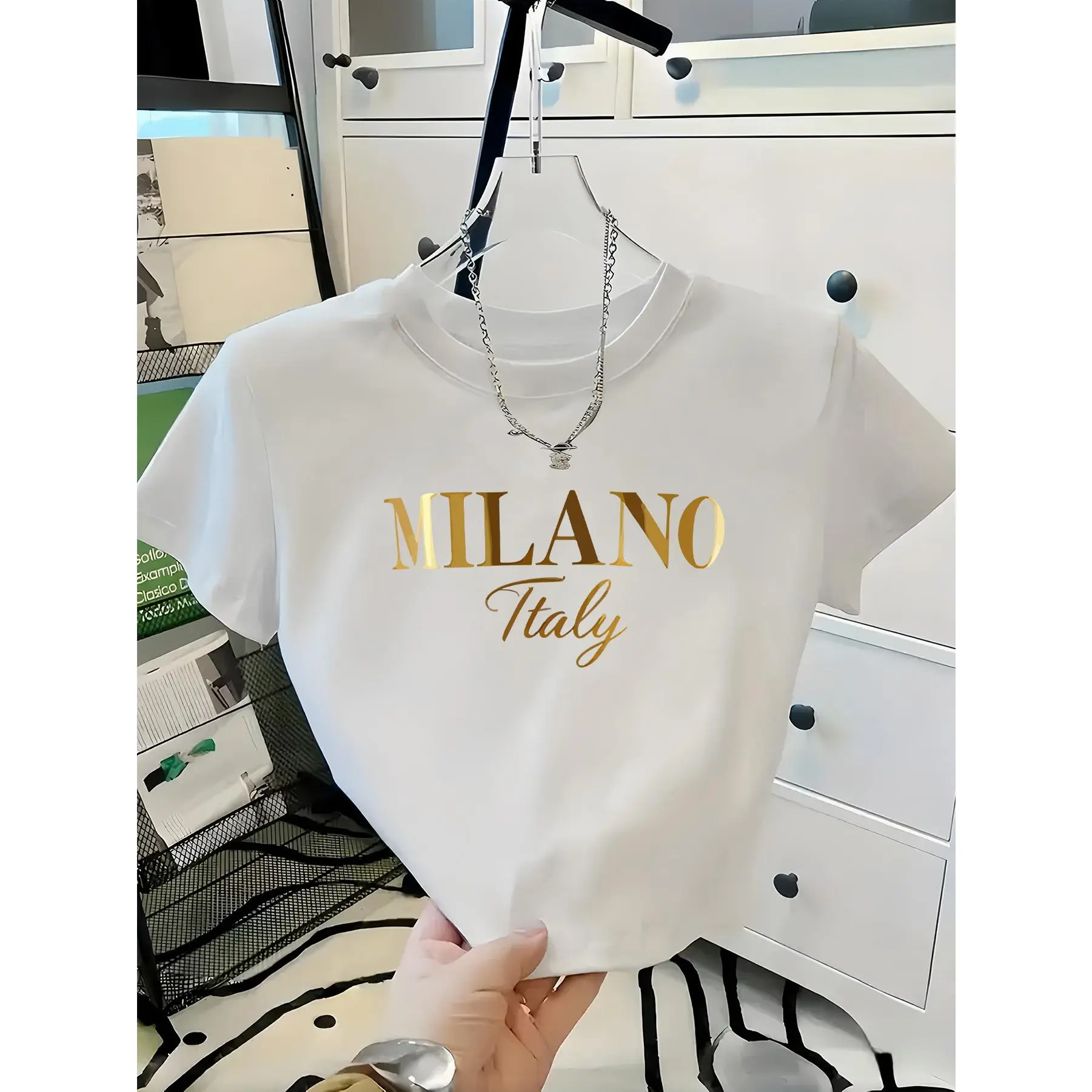Women's Short-Sleeved Cropped Casual Tops, Milano Pattern Print Round Neck T-Shirt with Comfortable Fabric, Women's Clothes Essential Gooner Eat Sleep Goon Repeat Lever Action Rifle Mii Need Cigarette Men's Long Sleeve Waffle Henley