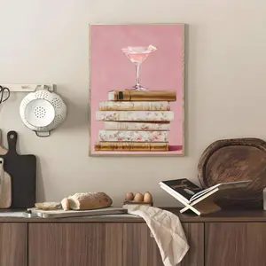 1 Piece Martini Cocktail Vintage Book Pink Background Art, Elegant Wall Mural, Refined Vibe Home Art, Eclectic Gallery Decor, Pink Tone Painting, Wall Decor for Living Room and Bar, Framed or Unframed.