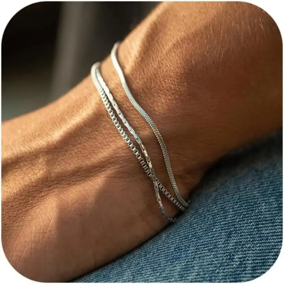 Men's 3-Piece Bracelet Set - Non-Tarnish Stainless Steel Cuban Link, Snake & Box Chains with Cross Charm, Adjustable Silver Jewelry Gift for Men