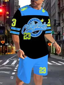 American retro sports two-piece set, digital slogan printed men's clothing, street casual travel set