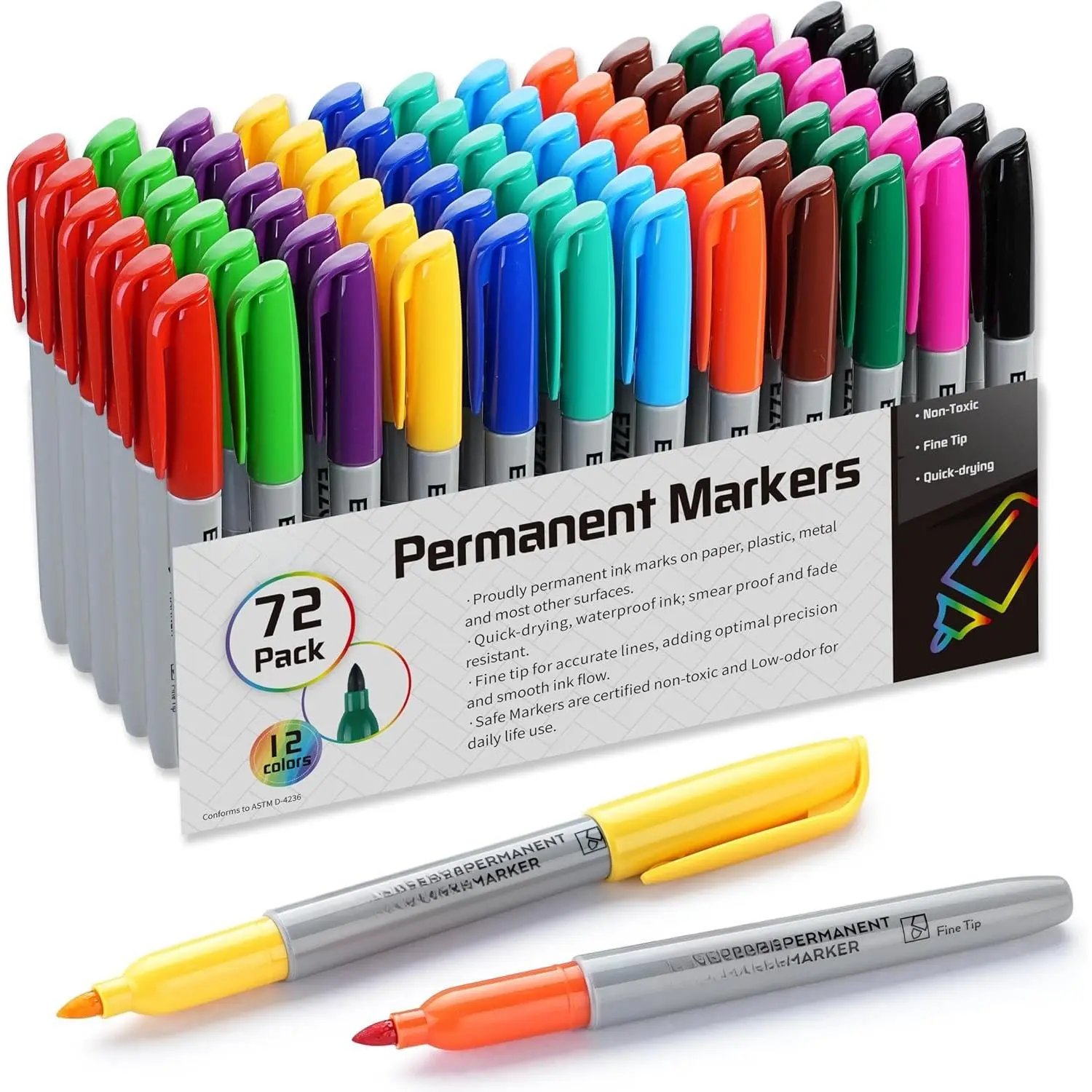 Permanent Markers Bulk, Permanent Marker Bulk Pack of 72, 12  Colors, Fine Point Permanent Markers For Adult Coloring as Office, School Supplies