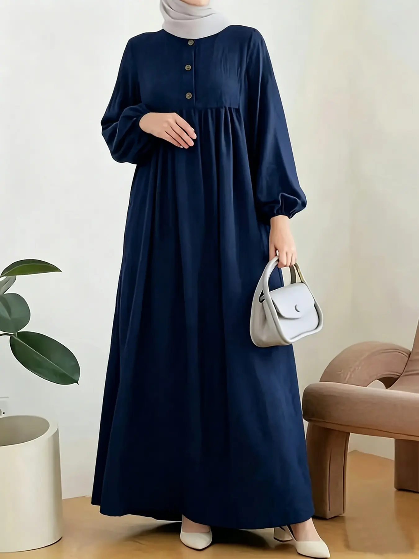Women's Gathered Neck Flare Cuff Loose Abaya, Casual Modest Islamic Style Modesty Abaya, Muslim Dresses, Ruched Round Neck, Long Sleeve, Full Length Maxi Dress