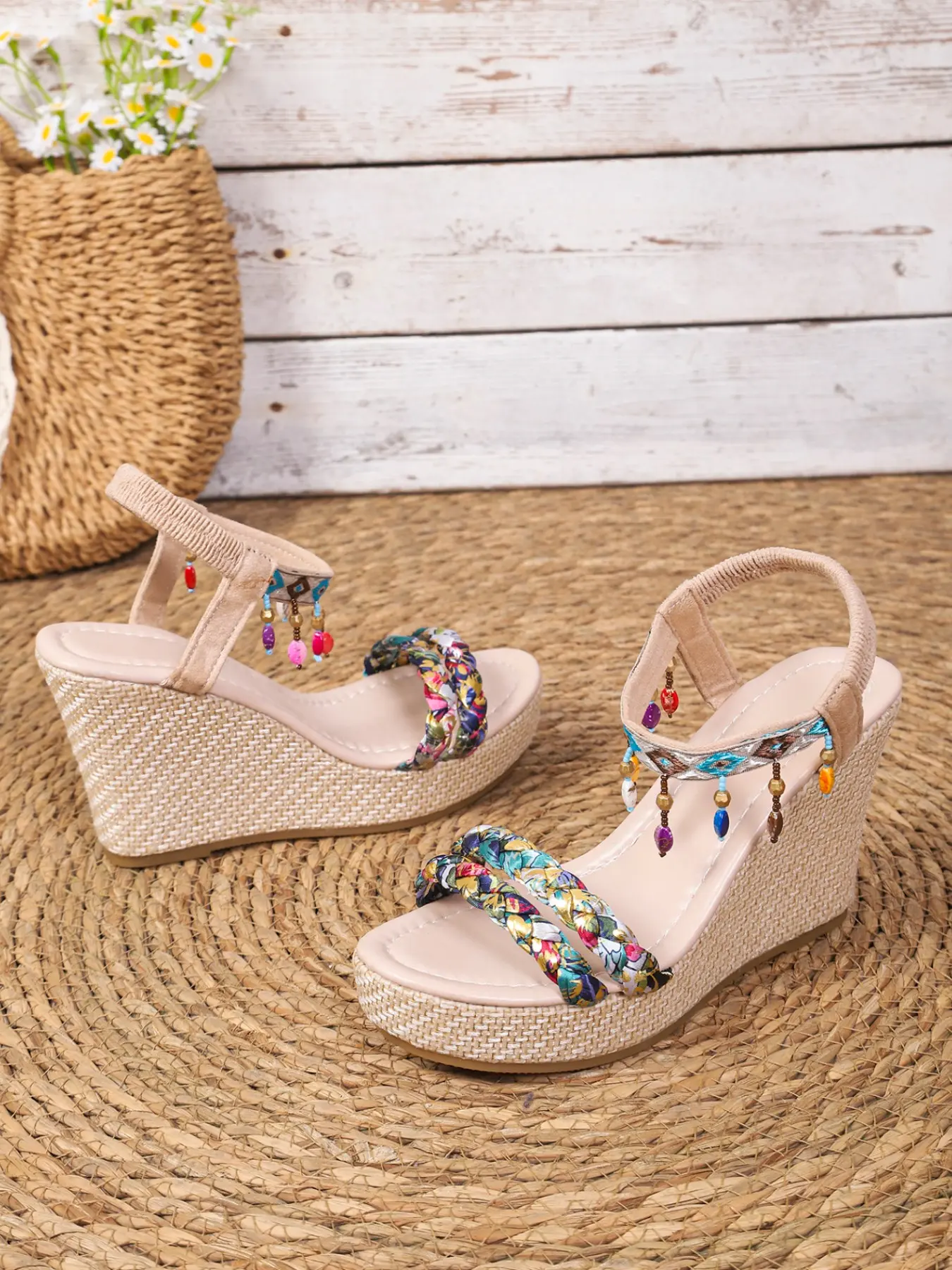 Boho Floral Wedge Sandals for Women, Beaded Ankle Strap Platform Espadrilles, Strappy Platform Wedges, Stylish Summer Footwear, Comfortable & Trendy Design