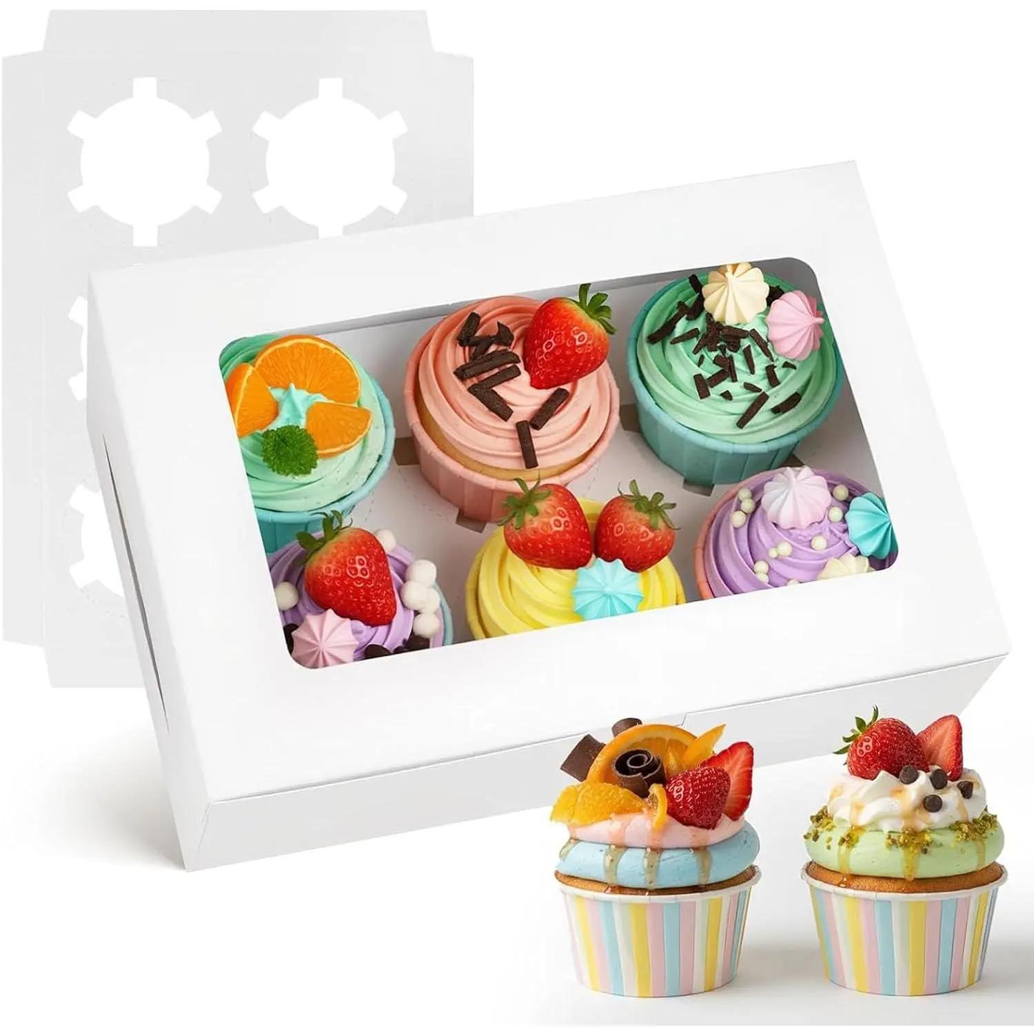 6 Count Cupcake Boxes, 6 count Cupcake Containers with Window | White Containers Holding 36 pastry,Box for Birthday Holiday, Party Bakery Supplies