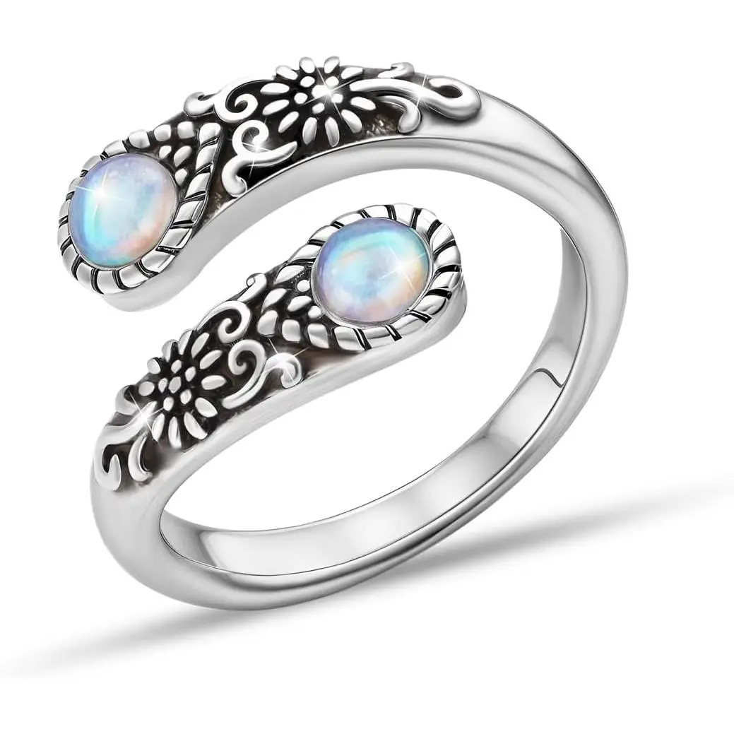 Sterling Silver Vintage Sunflower Motif Adjustable-Size Moonstone Gem Open Round Birthstone Thumb Ring, Classic Jewelry Gift for Women
