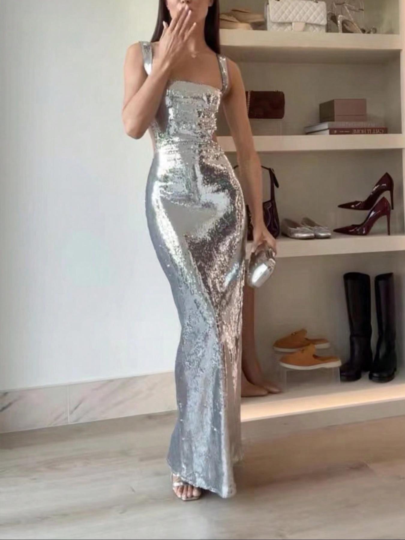 Women's Glitter Sequins Evening Dress, Elegant Sleeveless Evening Party Gown, Ladies Clothes for All Seasons, Formal Wear, Womenswear, Chic Elegant Fit, Chic Elegant Fitted
