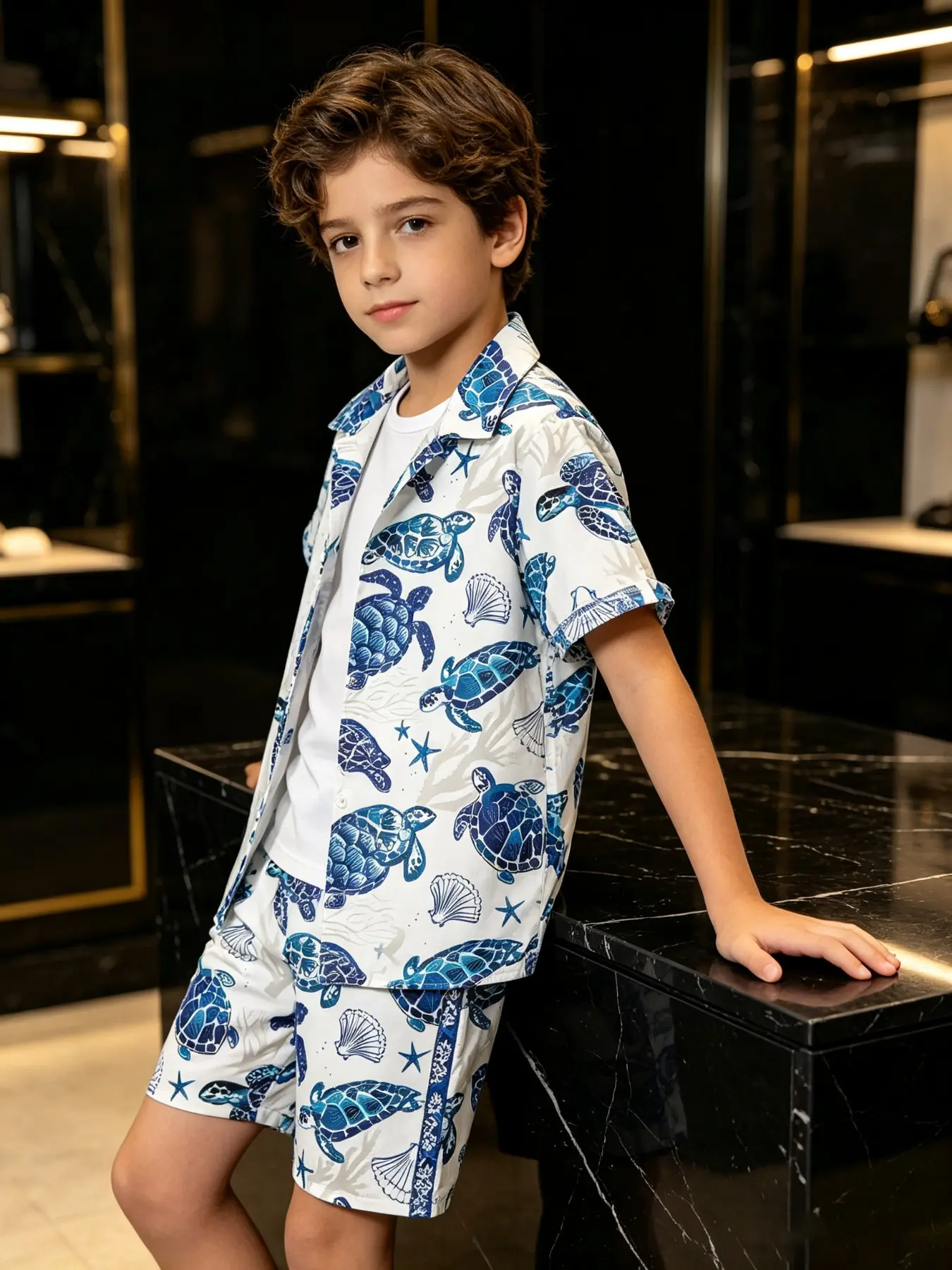 Boys' Blue Sea Turtle Ocean Print Short Sleeve Shirt and Shorts Set, Beach Vacation, Pool Play, Water Park, Family Trip, Summer Outing